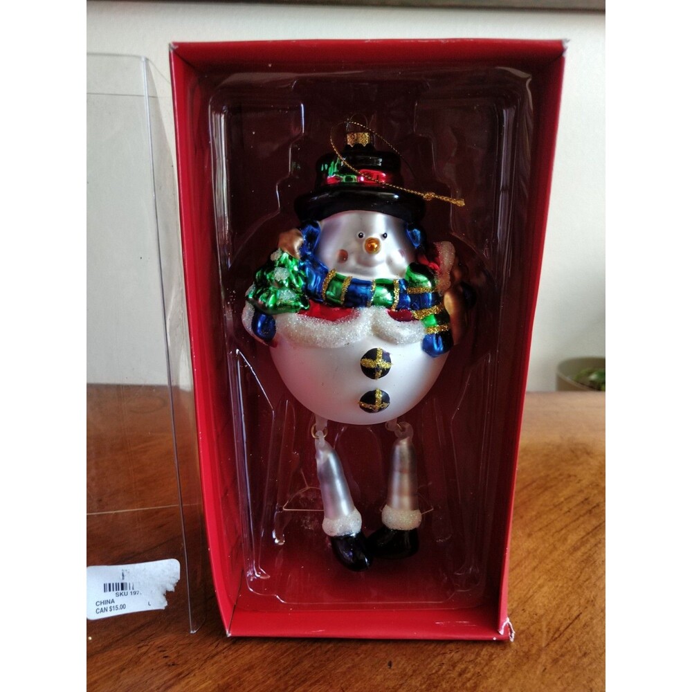 Pier 1 Snowman with Dangling Legs Christmas Blown Glass Ornament With Box 7"